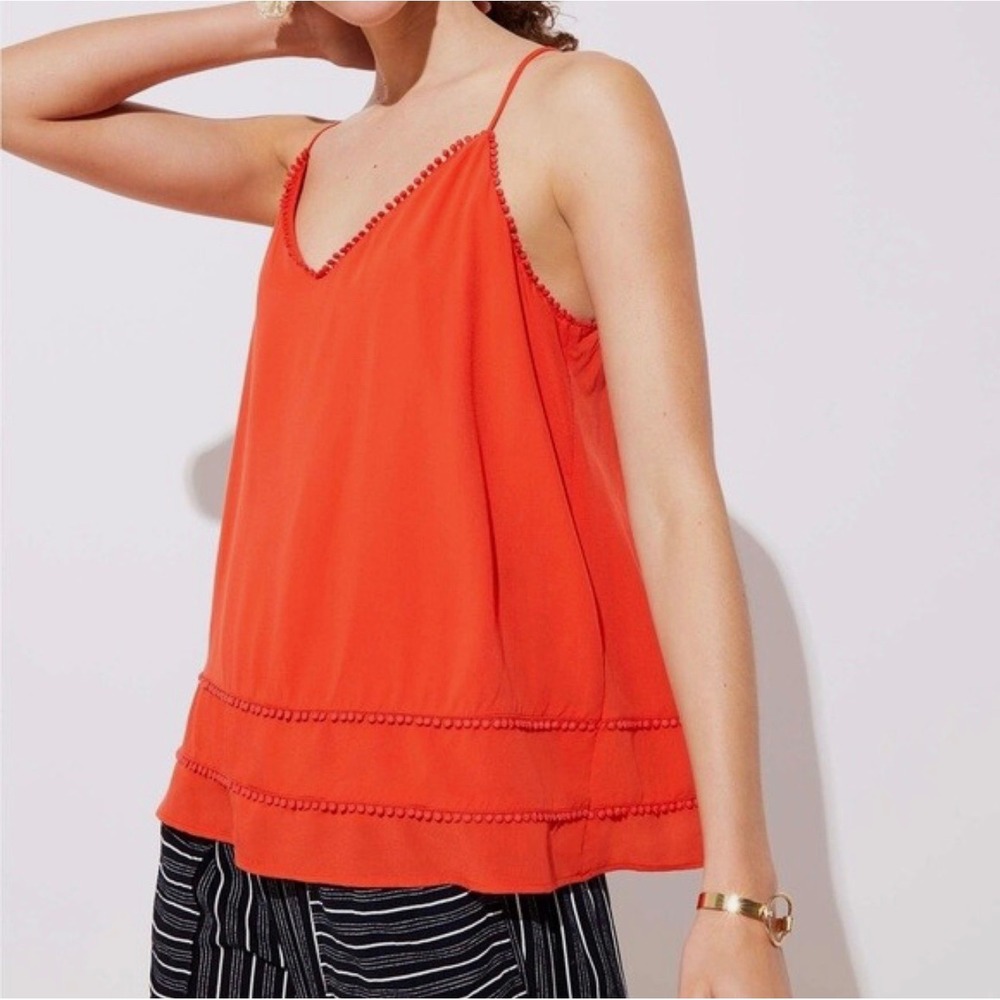 LOFT Lightweight Orange Pom Pom Trim Strappy Camisole Tank Top NWT XS
